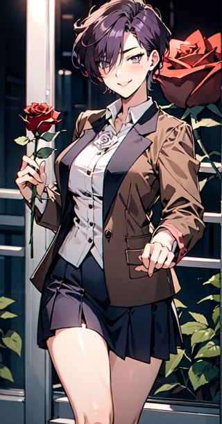 ((rose,rose_decoration)),1girl,solo,mature_female,medium_breasts,big_hips,full-thighs,narrow_waist,smile,haruka,short hair,purple_hair,bangs cover one eye,(brown_blazer:1.3),opend blazer,pleated_miniskirt,(darkblue_skirt:1.2),
white_shirt,black_stockings,(purple hair with Red Highlights),
standing,((holding a rose in hand)),one-hand_on_hip,a bag on shoulder,

At the school gate,mature female,night,night street,
Exquisitely designed school uniforms,Tomboy