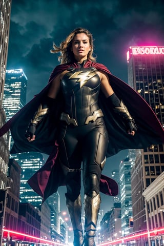 Amidst a cityscape of towering skyscrapers and neon-lit streets, chaos brews—a scene set for our formidable female superhero to emerge. With a flash of light and a rush of wind, she descends from the sky, a vision of power and valor. Her costume, a blend of sleek design and resilient armor, gleams under the city lights, a symbol of unwavering strength. She moves with an agile grace, each step a testament to her prowess. Her cape billows behind her, a flowing emblem of determination that dances with the rhythm of her movements. Eyes, bright and focused, scan the cityscape for signs of trouble. Her gaze holds a steely resolve, a reflection of her commitment to protect and defend. The city's cries for help echo in her ears, guiding her toward the heart of the turmoil. With lightning speed, she springs into action, a force to be reckoned with. Her abilities, honed through dedication and training, manifest in awe-inspiring displays of power. Whether it's superhuman strength, dazzling agility, or a mastery of elements, she wields her gifts with a sense of responsibility. In the heat of battle, she stands unwavering—a beacon of hope amidst the chaos, a guardian determined to shield the innocent from harm. Her actions are swift and decisive, calculated yet fueled by a deep-seated compassion for those in need. The city witnesses her bravery firsthand, as she faces adversaries with unwavering resolve, never faltering in her mission to defend the vulnerable and uphold justice. In this urban symphony of turmoil and heroism, she is not just a superhero; she's a symbol of courage, resilience, and unwavering determination—a protector whose valor inspires hope in the darkest of moments.