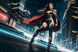 Amidst a cityscape of towering skyscrapers and neon-lit streets, chaos brews—a scene set for our formidable female superhero to emerge. With a flash of light and a rush of wind, she descends from the sky, a vision of power and valor. Her costume, a blend of sleek design and resilient armor, gleams under the city lights, a symbol of unwavering strength. She moves with an agile grace, each step a testament to her prowess. Her cape billows behind her, a flowing emblem of determination that dances with the rhythm of her movements. Eyes, bright and focused, scan the cityscape for signs of trouble. Her gaze holds a steely resolve, a reflection of her commitment to protect and defend. The city's cries for help echo in her ears, guiding her toward the heart of the turmoil. With lightning speed, she springs into action, a force to be reckoned with. Her abilities, honed through dedication and training, manifest in awe-inspiring displays of power. Whether it's superhuman strength, dazzling agility, or a mastery of elements, she wields her gifts with a sense of responsibility. In the heat of battle, she stands unwavering—a beacon of hope amidst the chaos, a guardian determined to shield the innocent from harm. Her actions are swift and decisive, calculated yet fueled by a deep-seated compassion for those in need. The city witnesses her bravery firsthand, as she faces adversaries with unwavering resolve, never faltering in her mission to defend the vulnerable and uphold justice. In this urban symphony of turmoil and heroism, she is not just a superhero; she's a symbol of courage, resilience, and unwavering determination—a protector whose valor inspires hope in the darkest of moments.