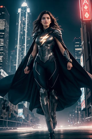 Amidst a cityscape of towering skyscrapers and neon-lit streets, chaos brews—a scene set for our formidable female superhero to emerge. With a flash of light and a rush of wind, she descends from the sky, a vision of power and valor. Her costume, a blend of sleek design and resilient armor, gleams under the city lights, a symbol of unwavering strength. She moves with an agile grace, each step a testament to her prowess. Her cape billows behind her, a flowing emblem of determination that dances with the rhythm of her movements. Eyes, bright and focused, scan the cityscape for signs of trouble. Her gaze holds a steely resolve, a reflection of her commitment to protect and defend. The city's cries for help echo in her ears, guiding her toward the heart of the turmoil. With lightning speed, she springs into action, a force to be reckoned with. Her abilities, honed through dedication and training, manifest in awe-inspiring displays of power. Whether it's superhuman strength, dazzling agility, or a mastery of elements, she wields her gifts with a sense of responsibility. In the heat of battle, she stands unwavering—a beacon of hope amidst the chaos, a guardian determined to shield the innocent from harm. Her actions are swift and decisive, calculated yet fueled by a deep-seated compassion for those in need. The city witnesses her bravery firsthand, as she faces adversaries with unwavering resolve, never faltering in her mission to defend the vulnerable and uphold justice. In this urban symphony of turmoil and heroism, she is not just a superhero; she's a symbol of courage, resilience, and unwavering determination—a protector whose valor inspires hope in the darkest of moments.,REALISTIC,Epicrealism