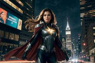 Amidst a cityscape of towering skyscrapers and neon-lit streets, chaos brews—a scene set for our formidable female superhero to emerge. With a flash of light and a rush of wind, she descends from the sky, a vision of power and valor. Her costume, a blend of sleek design and resilient armor, gleams under the city lights, a symbol of unwavering strength. She moves with an agile grace, each step a testament to her prowess. Her cape billows behind her, a flowing emblem of determination that dances with the rhythm of her movements. Eyes, bright and focused, scan the cityscape for signs of trouble. Her gaze holds a steely resolve, a reflection of her commitment to protect and defend. The city's cries for help echo in her ears, guiding her toward the heart of the turmoil. With lightning speed, she springs into action, a force to be reckoned with. Her abilities, honed through dedication and training, manifest in awe-inspiring displays of power. Whether it's superhuman strength, dazzling agility, or a mastery of elements, she wields her gifts with a sense of responsibility. In the heat of battle, she stands unwavering—a beacon of hope amidst the chaos, a guardian determined to shield the innocent from harm. Her actions are swift and decisive, calculated yet fueled by a deep-seated compassion for those in need. The city witnesses her bravery firsthand, as she faces adversaries with unwavering resolve, never faltering in her mission to defend the vulnerable and uphold justice. In this urban symphony of turmoil and heroism, she is not just a superhero; she's a symbol of courage, resilience, and unwavering determination—a protector whose valor inspires hope in the darkest of moments.