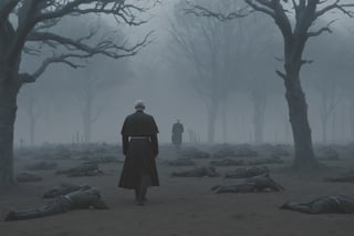 (wide shot, RAW photo, realistic, full body, profile), a lone priest walking through a battlefield of dead soldiers, early morning, mist in the air, dark trees far in the background, cinematic