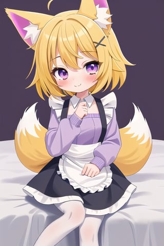 1GIRL,kawaii,chibi,FOX GIRL,fox ears yellow,Yellow Hair,purple eyes,White Sweater,pink maid,yellow stockings,purple x-shaped head clip