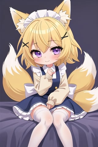 1GIRL,kawaii,chibi,FOX GIRL,fox ears yellow,Yellow Hair,purple eyes,White Sweater,blue maid,white stockings,purple x-shaped head clip