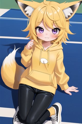 1GIRL,kawaii,chibi,FOX GIRL,fox ears yellow down,Yellow Hair,purple eyes,Yellow Hoodie,black pants,converse tennis,pin in head