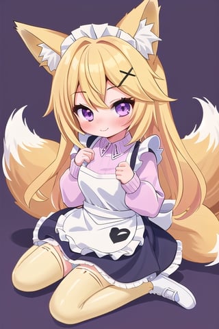 1GIRL,kawaii,chibi,FOX GIRL,fox ears yellow,Yellow Hair,purple eyes,White Sweater,pink maid,yellow stockings,purple x-shaped head clip