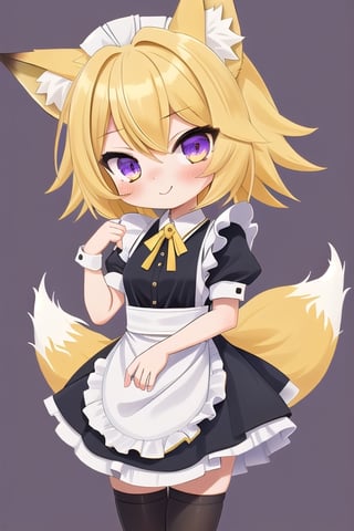 1GIRL,kawaii,chibi,FOX GIRL,fox ears yellow,Yellow Hair,purple eyes,maid,yellow stockings