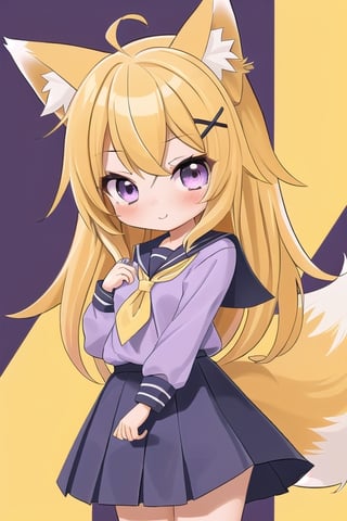 1GIRL,kawaii,chibi,FOX GIRL,fox ears yellow,Yellow Hair,purple eyes,White School Girl,purple x-shaped head clip