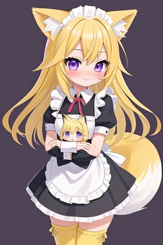 1GIRL,kawaii,chibi,FOX GIRL,fox ears yellow,Yellow Hair,purple eyes,maid,yellow stockings