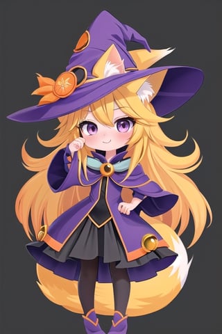 1GIRL,kawaii,chibi,FOX GIRL,fox ears yellow,Yellow Hair,purple eyes,Orange Witch Cosplay,orange witch hat