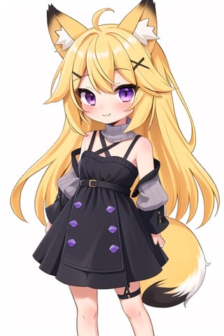 1GIRL,kawaii,chibi,FOX GIRL,fox ears yellow,Yellow Hair,purple eyes,White Sweater,black dress with straps,purple x-shaped head clip