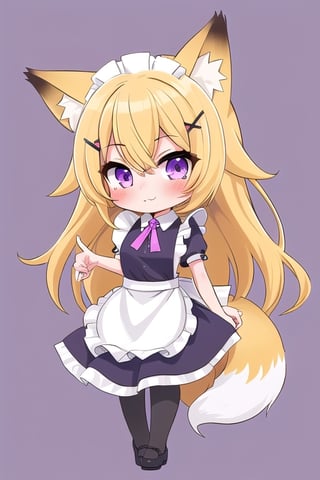 1GIRL,kawaii,chibi,FOX GIRL,fox ears yellow,Yellow Hair,purple eyes,pink maid,yellow stockings,purple x-shaped head clip