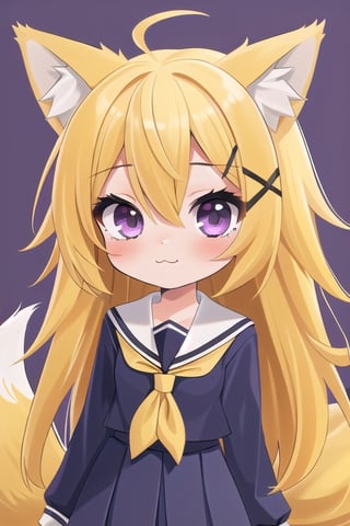 1GIRL,kawaii,chibi,FOX GIRL,fox ears yellow,Yellow Hair,purple eyes,White School Girl,purple x-shaped head clip