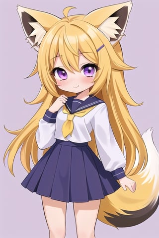 1GIRL,kawaii,chibi,FOX GIRL,fox ears yellow,Yellow Hair,purple eyes,White School Girl,purple x-shaped head clip