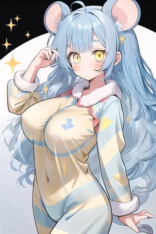 1 MOUSE GIRL LIGHT BLUE HAIR,yellow eyes,red pijama  ,,big_boobs,,glitter,large hair,