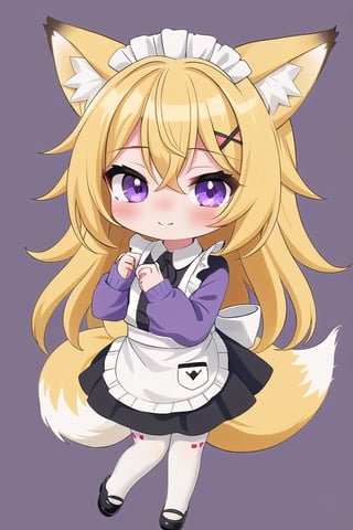 1GIRL,kawaii,chibi,FOX GIRL,fox ears yellow,Yellow Hair,purple eyes,White Sweater,maid,black stockings,purple x-shaped head clip