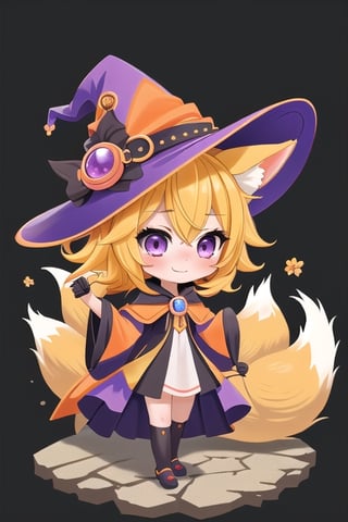 1GIRL,kawaii,chibi,FOX GIRL,fox ears yellow down,Yellow Hair,purple eyes,Orange Witch Cosplay,orange witch hat