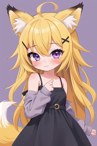 1GIRL,kawaii,chibi,FOX GIRL,fox ears yellow,Yellow Hair,purple eyes,White Sweater,black dress with straps,purple x-shaped head clip