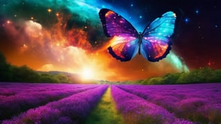 (long lens shot: 1.4) , masterpiece, Butterfly Field, Starlight and moonlight, colorful, (photo realistic) , nebula background, nebula theme, exposure mix, full HD