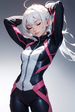 a anime girl with white hair and blue eyes is posing for a picture with her arms out and her eyes closed, Ai-Mitsu, anime girl, a raytraced image, superflat