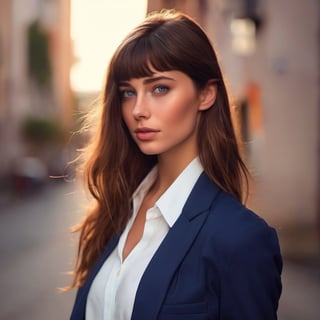 23 year old woman wearing blazer navy blue, russian, white skin, brown hair, blue eyes, Realistic image, perfect image, perfect face, Cinematic lighting, head display