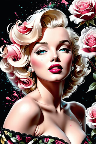 close up photo of Marilyn Monroe, off shoulder , watrcolor style, (rose) digital art, black background, among the roses, official art, blown by the wind, masterpiece, beautiful, ((watercolor)), paint splatter, intricate detail. Great detail, [dripping:0.7], Trending on Artstation, Rachel Walker