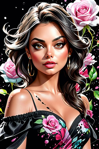 close up photo of Mila Kunis, off shoulder , watrcolor style, (rose) digital art, black background, among the roses, official art, blown by the wind, masterpiece, beautiful, ((watercolor)), paint splatter, intricate detail. Great detail, [dripping:0.7], Trending on Artstation, Rachel Walker,real_booster,colorful