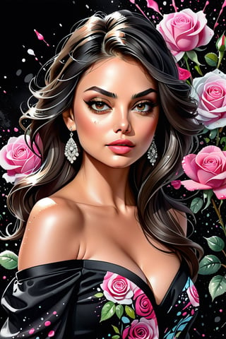 close up photo of Mila Kunis, off shoulder , watrcolor style, (rose) digital art, black background, among the roses, official art, blown by the wind, masterpiece, beautiful, ((watercolor)), paint splatter, intricate detail. Great detail, [dripping:0.7], Trending on Artstation, Rachel Walker,real_booster,colorful