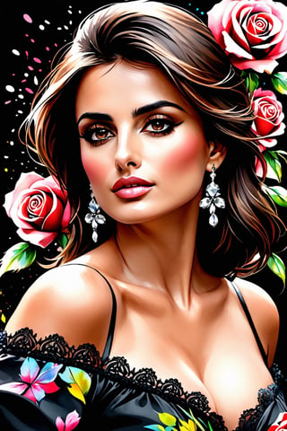 close up photo of Penelope Cruz, off shoulder , watrcolor style, (rose) digital art, black background, among the roses, official art, blown by the wind, masterpiece, beautiful, ((watercolor)), paint splatter, intricate detail. Great detail, [dripping:0.7], Trending on Artstation, Rachel Walker