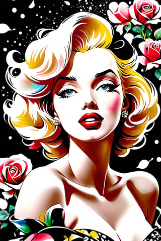 close up photo of Marilyn Monroe, off shoulder , watrcolor style, (rose) digital art, black background, among the roses, official art, blown by the wind, masterpiece, beautiful, ((watercolor)), paint splatter, intricate detail. Great detail, [dripping:0.7], Trending on Artstation, Rachel Walker