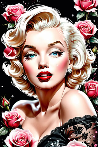 close up photo of Marilyn Monroe, off shoulder , watrcolor style, (rose) digital art, black background, among the roses, official art, blown by the wind, masterpiece, beautiful, ((watercolor)), paint splatter, intricate detail. Great detail, [dripping:0.7], Trending on Artstation, Rachel Walker