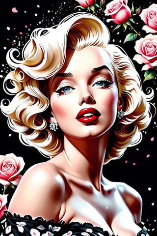 close up photo of Marilyn Monroe, off shoulder , watrcolor style, (rose) digital art, black background, among the roses, official art, blown by the wind, masterpiece, beautiful, ((watercolor)), paint splatter, intricate detail. Great detail, [dripping:0.7], Trending on Artstation, Rachel Walker