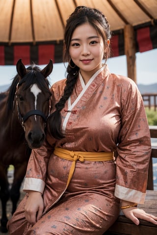 a beautiful portrait of an attractive asian woman, high resolution image, fair skin, (twin black braided hair), round face, (red rosy cheeks), chubby, plump, female model wearing (traditional tibetan clothing), big breasts, thick arms, female model with a relaxed pose, many mongolian yurts in background, next to a horse in the steppes, female model with a warm smile, female model surrounded by warm lighting,Detailedface,realhands,More Detail