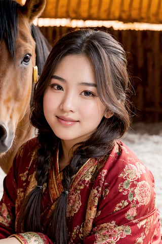 a beautiful portrait of an attractive asian woman, high resolution image, fair skin, (twin black braided hair), round face, (red rosy cheeks), chubby, plump, female model wearing (traditional tibetan clothing), big breasts, thick arms, female model with a relaxed pose, many mongolian yurts in background, next to a horse in the steppes, female model with a warm smile, female model surrounded by warm lighting,Detailedface,realhands,More Detail