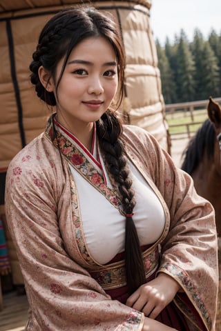 a beautiful portrait of an attractive asian woman, high resolution image, fair skin, (twin black braided hair), round face, (red rosy cheeks), chubby, plump, female model wearing (traditional tibetan clothing), big breasts, thick arms, female model with a relaxed pose, many mongolian yurts in background, next to a horse in the steppes, female model with a warm smile, female model surrounded by warm lighting,Detailedface,realhands,More Detail