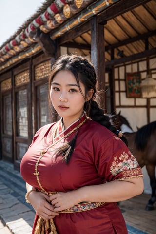 a beautiful traditional ancient portrait of an attractive asian woman, high resolution image, fair skin, (twin black braided hair), round face, (red rosy cheeks), chubby, plump, female model wearing (traditional tibetan clothing), big breasts, thick arms, female model with a relaxed pose, many mongolian yurts in the steppes, next to a horse in the steppes, Detailedface,realhands,More Detail