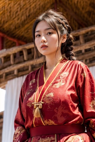 a beautiful traditional ancient portrait of a young attractive asian woman, high resolution image, fair skin, (twin black braided hair), round face, (red rosy cheeks), (red cheeks), chubby cheeks, female model wearing (traditional mongolian clothing), big breasts, thick arms, female model with a relaxed pose, many mongolian yurts in the steppes, Detailedface,realhands,More Detail