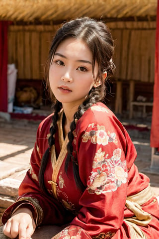 a beautiful traditional ancient portrait of a young attractive asian woman, high resolution image, fair skin, (twin black braided hair), round face, (red rosy cheeks), chubby, plump, female model wearing (traditional mongolian clothing), big breasts, thick arms, female model with a relaxed pose, many mongolian yurts in the steppes, Detailedface,realhands,More Detail