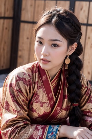 a beautiful traditional ancient portrait of a young attractive asian woman, high resolution image, fair skin, (twin black braided hair), round face, (red rosy cheeks), chubby, plump, female model wearing (traditional mongolian clothing), big breasts, thick arms, female model with a relaxed pose, many mongolian yurts in the steppes, Detailedface,realhands,More Detail,perfect,Extremely Realistic