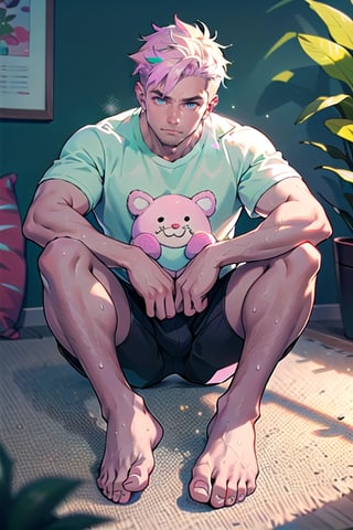 1man,masterpiece,best quality,detailed background,solo,muscular male, frontal,sweat,full body,sitting,separated legs,separated ((feet)),bare_feet,toes,indoors,cozy,plant,plushy, depth of field, (naked), ((pastel colors)), bulge,midjourney portrait,glitter, t-shirt, smiley