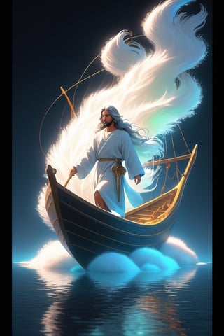 Jesus is holding the hands of a little girl and a little boy,There is a boat nearby, and males is on the boat. The person on the sea,beautiful harp, male, full body, furry skin, fantasy, subsurface scattering, perfect anatomy, glow, bloom, bioluminescent liquid, zen style, still film, cold color, l vibrant and volumetric light (masterpiece, top quality, best quality, official art, beautiful and aesthetic: 1.2), extremely detailed, (abstract, fractal art: 1.3), colorful hair, more detailed, detailed_eyes, snowing, smoke bubbles, light particles, 33 year old famle face, perfect body, five fingers, perfect hands, anatomically perfect body, sexy posture, (black eyes), (gray hair), very long hair, long white fur sweater dress, white fur shorts, dynamic angle, depth of field, hyper detailed, highly detailed, beautiful, small details, ultra detailed, best quality, 4k,((full body)), face to jesus,photo r3al