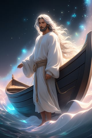 A man in the boat,Jesus is walking on the sea, towards the boat. There is a boat nearby, and males is on the boat. The person on the sea,beautiful harp, male, full body, furry skin, fantasy, subsurface scattering, perfect anatomy, glow, bloom, bioluminescent liquid, zen style, still film, cold color, l vibrant and volumetric light (masterpiece, top quality, best quality, official art, beautiful and aesthetic: 1.2), extremely detailed, (abstract, fractal art: 1.3), colorful hair, more detailed, detailed_eyes, snowing, smoke bubbles, light particles, 33 year old famle face, perfect body, five fingers, perfect hands, anatomically perfect body, sexy posture, (black eyes), (gray hair), very long hair, long white fur sweater dress, white fur shorts, dynamic angle, depth of field, hyper detailed, highly detailed, beautiful, small details, ultra detailed, best quality, 4k,((full body)), face to jesus,photo r3al