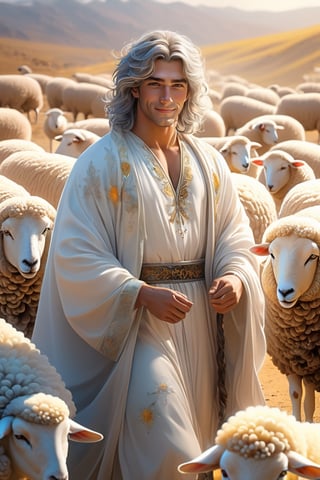 A sheep has gone missing. Shepherd. milk and honey. The person on the desert, male, full body, furry skin, fantasy, subsurface scattering, perfect anatomy, glow, bloom, bioluminescent liquid, zen style, still film, cold color, l vibrant and volumetric light (masterpiece, top quality, best quality, official art, beautiful and aesthetic: 1.2), extremely detailed, (abstract, fractal art: 1.3), colorful hair, more detailed, detailed_eyes, snowing, smoke bubbles, light particles, 33 year old male face, perfect body, five fingers, perfect hands, anatomically perfect body, sexy posture, (black eyes), (gray hair), very long hair, long white simple dress, white shorts, dynamic angle, depth of field, hyper detailed, highly detailed, beautiful, small details, ultra detailed, best quality, 4k,((full body)), face to jesus,photo r3al