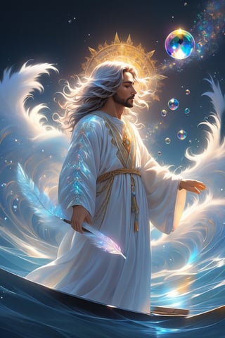 Jesus is holding the hands of a little girl and a little boy,There is a boat nearby, and males is on the boat. The person on the sea,beautiful harp, male, fantasy, subsurface scattering, perfect anatomy, glow, bloom, bioluminescent liquid, zen style, still film, cold color, l vibrant and volumetric light (masterpiece, top quality, best quality, official art, beautiful and aesthetic: 1.2), extremely detailed, (abstract, fractal art: 1.3), colorful hair, more detailed, detailed_eyes, snowing, smoke bubbles, light particles, 33 year old male face, perfect body, five fingers, perfect hands, anatomically perfect body, sexy posture, (black eyes), (gray hair), very long hair, long white fur sweater dress, white fur shorts, dynamic angle, depth of field, hyper detailed, highly detailed, beautiful, small details, ultra detailed, best quality, 4k,((full body)), face to jesus,photo r3al