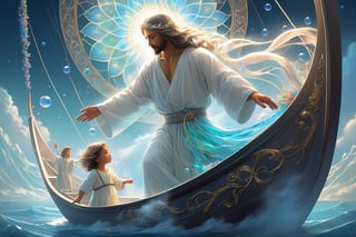 Jesus is holding the hands of a little girl and a little boy,There is a boat nearby, and males is on the boat. The person on the sea,beautiful harp, male, fantasy, subsurface scattering, perfect anatomy, glow, bloom, bioluminescent liquid, zen style, still film, cold color, l vibrant and volumetric light (masterpiece, top quality, best quality, official art, beautiful and aesthetic: 1.2), extremely detailed, (abstract, fractal art: 1.3), colorful hair, more detailed, detailed_eyes, snowing, smoke bubbles, light particles, 33 year old male face, perfect body, five fingers, perfect hands, anatomically perfect body, sexy posture, (black eyes), (gray hair), very long hair, long white fur sweater dress, white fur shorts, dynamic angle, depth of field, hyper detailed, highly detailed, beautiful, small details, ultra detailed, best quality, 4k,((full body)), face to jesus,photo r3al