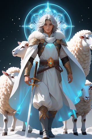 A white sheep has gone missing. Shepherd. milk and honey. The person on the desert, 1male, Sword, helmet, shield, breastplate, belt, cloak, boots of war, full body, furry skin, fantasy, subsurface scattering, perfect anatomy, glow, bloom, bioluminescent liquid, zen style, still film, cold color, l vibrant and volumetric light (masterpiece, top quality, best quality, official art, beautiful and aesthetic: 1.2), extremely detailed, (abstract, fractal art: 1.3), colorful hair, more detailed, detailed_eyes, snowing, smoke bubbles, light particles, 33 year old male face, perfect body, five fingers, perfect hands, anatomically perfect body, sexy posture, (black eyes), (gray hair), very long hair, long white simple dress, white shorts, dynamic angle, depth of field, hyper detailed, highly detailed, beautiful, small details, ultra detailed, best quality, 4k,((full body)), face to jesus,photo r3al