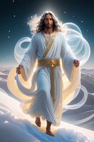 Jesus is walk ,milk and honey. The person on the desert,beautiful harp, male, full body, furry skin, fantasy, subsurface scattering, perfect anatomy, glow, bloom, bioluminescent liquid, zen style, still film, cold color, l vibrant and volumetric light (masterpiece, top quality, best quality, official art, beautiful and aesthetic: 1.2), extremely detailed, (abstract, fractal art: 1.3), colorful hair, more detailed, detailed_eyes, snowing, smoke bubbles, light particles, 33 year old male face, perfect body, five fingers, perfect hands, anatomically perfect body, sexy posture, (black eyes), (gray hair), very long hair, long white fur sweater dress, white fur shorts, dynamic angle, depth of field, hyper detailed, highly detailed, beautiful, small details, ultra detailed, best quality, 4k,((full body)), face to jesus,photo r3al