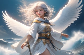 Warrior, wielding the sacred sword, righteous breastplate, helmet of salvation, humble cloak, belt of truth,eagle, hesitant to fly, feeling discouraged, towering waves, the ocean,full body,famale,zen style, still film, cold color, l vibrant and volumetric light (masterpiece, top quality, best quality, official art, beautiful and aesthetic: 1.2), extremely detailed, (abstract, fractal art: 1.3), colorful hair, more detailed, detailed_eyes, 3 year old famale face, perfect body, five fingers, perfect hands, anatomically perfect body, (black eyes), (gray hair), very headscarf hair, long white plain dress, white shorts, dynamic angle, depth of field, hyper detailed, highly detailed, beautiful, small details, ultra detailed, best quality, 4k,((full body)), face to jesus,photo r3al