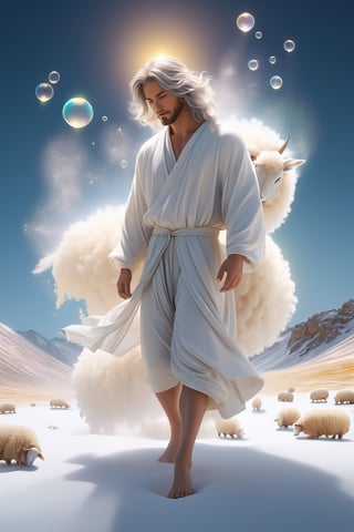 A sheep has gone missing. Shepherd. milk and honey. The person on the desert, male, full body, furry skin, fantasy, subsurface scattering, perfect anatomy, glow, bloom, bioluminescent liquid, zen style, still film, cold color, l vibrant and volumetric light (masterpiece, top quality, best quality, official art, beautiful and aesthetic: 1.2), extremely detailed, (abstract, fractal art: 1.3), colorful hair, more detailed, detailed_eyes, snowing, smoke bubbles, light particles, 33 year old male face, perfect body, five fingers, perfect hands, anatomically perfect body, sexy posture, (black eyes), (gray hair), very long hair, long white simple dress, white shorts, dynamic angle, depth of field, hyper detailed, highly detailed, beautiful, small details, ultra detailed, best quality, 4k,((full body)), face to jesus,photo r3al