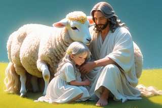 A grassland in the background,Jesus hug my head with oil,The expressions are all joyful. white lamb,two person little children and father male ,full body, furry skin, fantasy, subsurface scattering, perfect anatomy, glow, bloom, bioluminescent liquid, zen style, still film, cold color, l vibrant and volumetric light (masterpiece, top quality, best quality, official art, beautiful and aesthetic: 1.2), extremely detailed, (abstract, fractal art: 1.3), colorful hair, more detailed, detailed_eyes,33 years old male face, perfect body, five fingers, perfect hands, anatomically perfect body, (black eyes), (gray hair), very long hair, long pool dress, white shorts, dynamic angle, depth of field, hyper detailed, highly detailed, beautiful, small details, ultra detailed, best quality, 4k,((full body)), face to lamb,photo r3al,sticker,Anime 